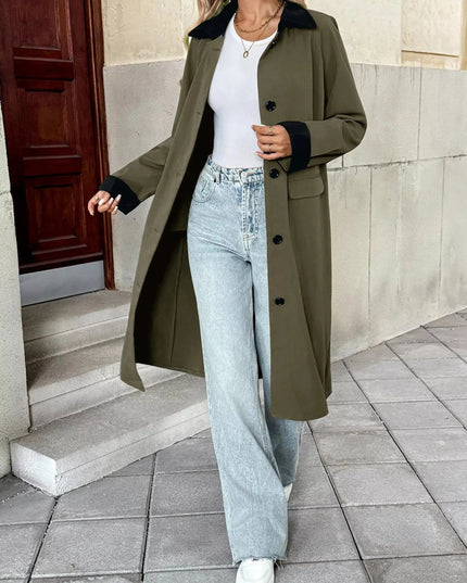 Contrast Collar Button Up Coat - Trendsi