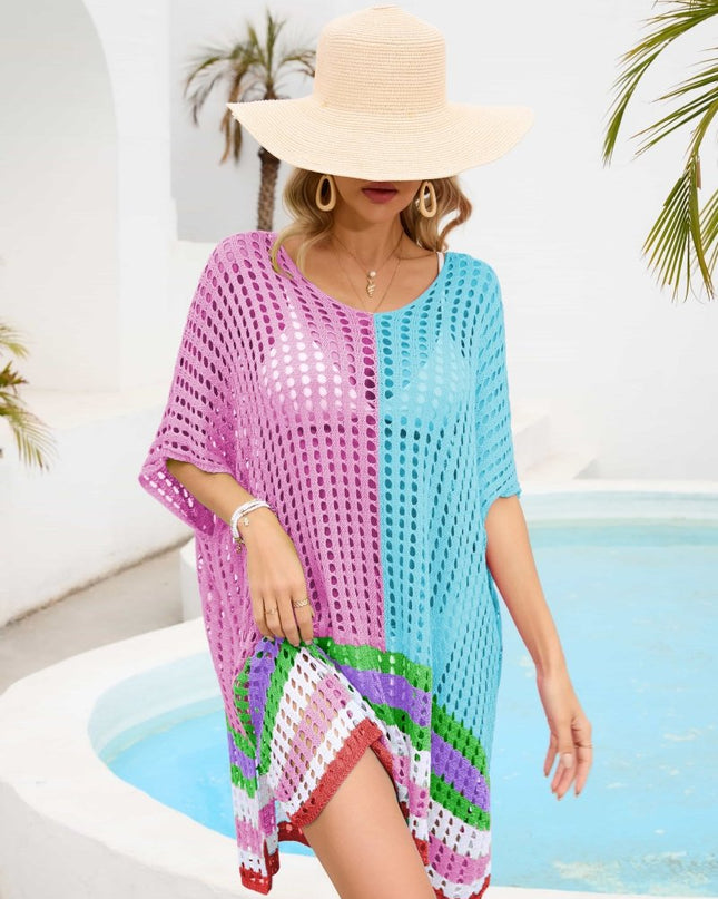 Contrast Scoop Neck Openwork Half Sleeve Cover Up - Trendsi