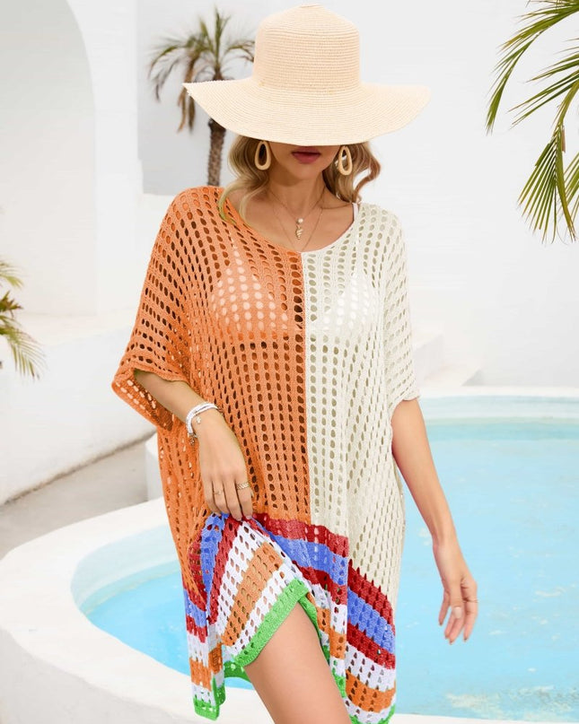 Contrast Scoop Neck Openwork Half Sleeve Cover Up - Trendsi