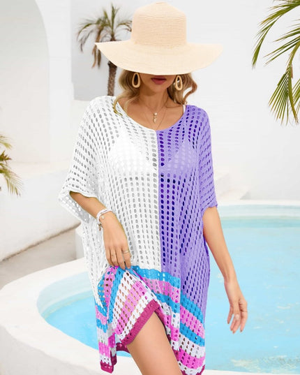 Contrast Scoop Neck Openwork Half Sleeve Cover Up - Trendsi