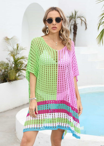 Contrast Scoop Neck Openwork Half Sleeve Cover Up - Trendsi