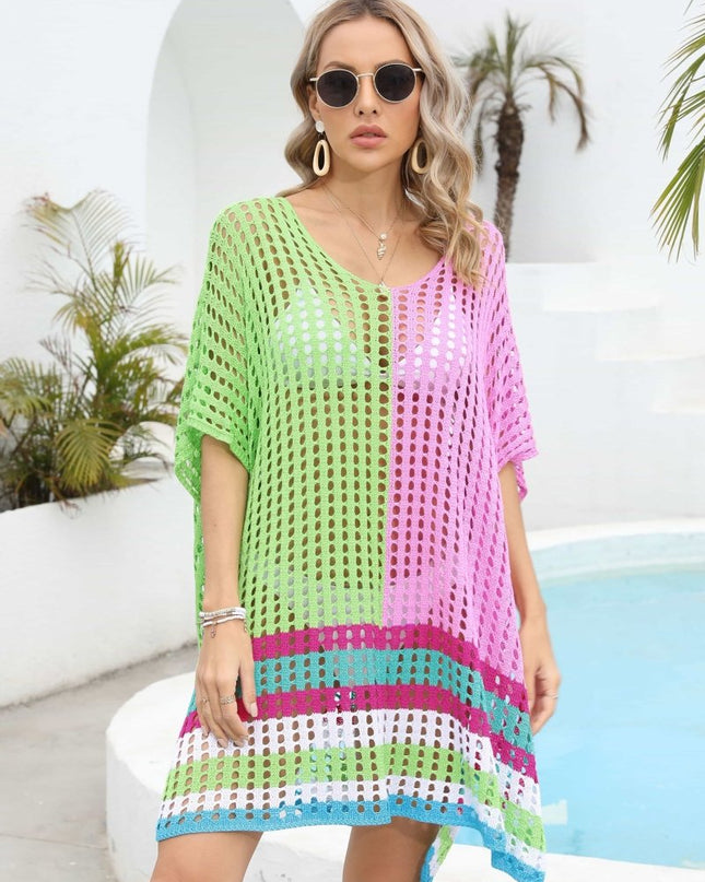 Contrast Scoop Neck Openwork Half Sleeve Cover Up - Trendsi