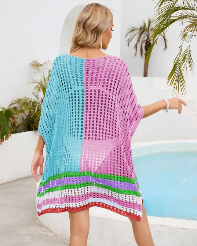 Contrast Scoop Neck Openwork Half Sleeve Cover Up - Trendsi