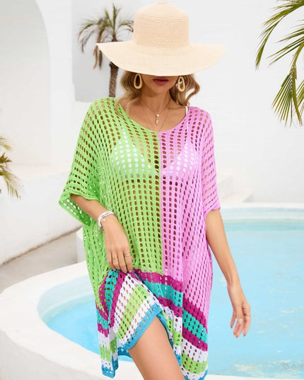 Contrast Scoop Neck Openwork Half Sleeve Cover Up - Trendsi