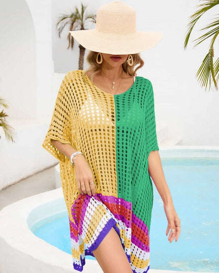 Contrast Scoop Neck Openwork Half Sleeve Cover Up - Trendsi