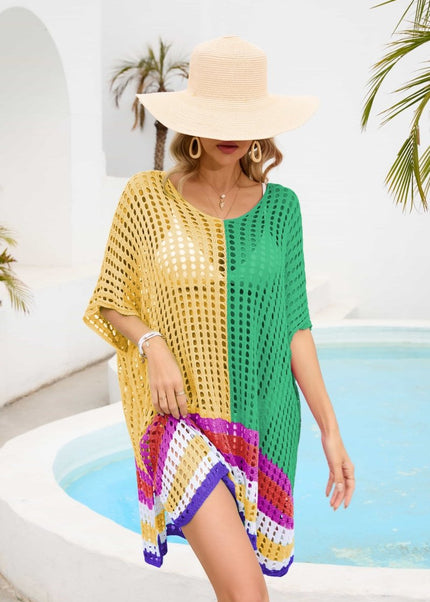 Contrast Scoop Neck Openwork Half Sleeve Cover Up - Trendsi