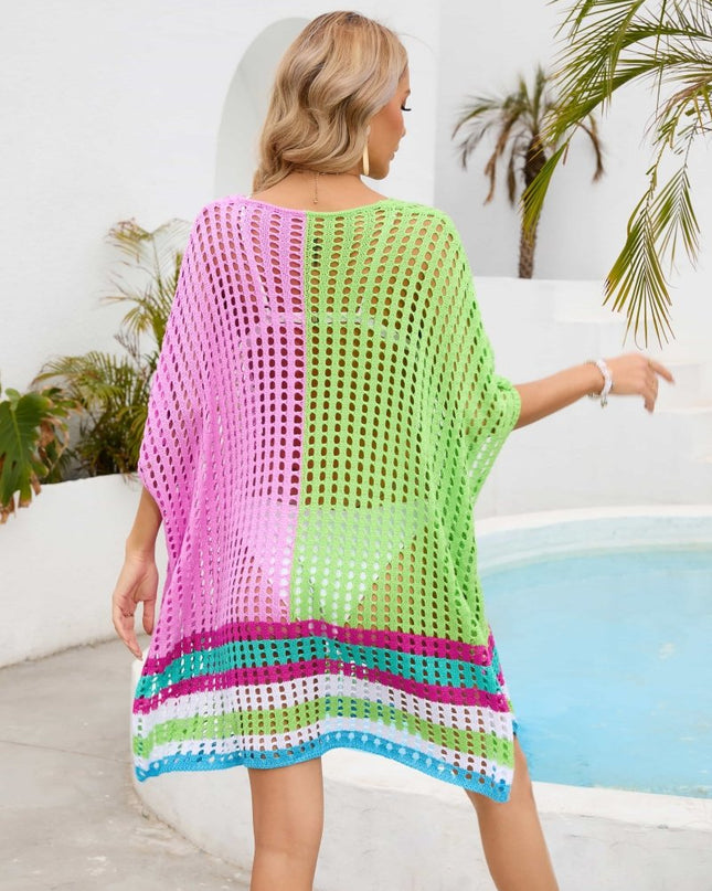 Contrast Scoop Neck Openwork Half Sleeve Cover Up - Trendsi