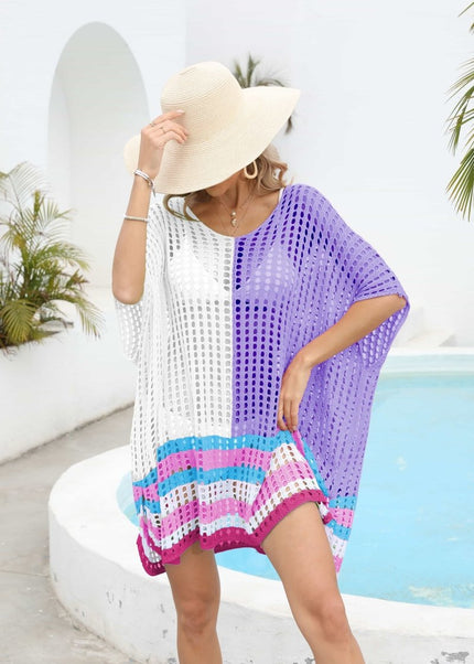 Contrast Scoop Neck Openwork Half Sleeve Cover Up - Trendsi