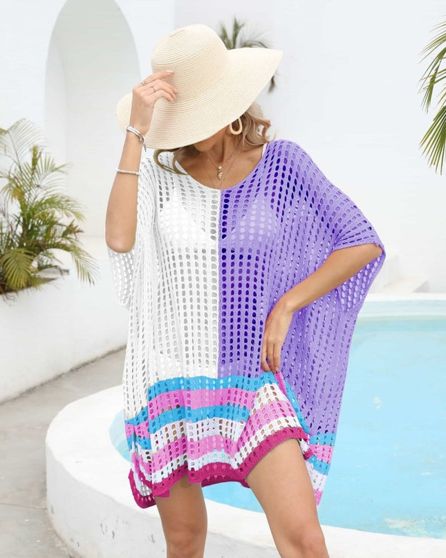 Contrast Scoop Neck Openwork Half Sleeve Cover Up - Trendsi