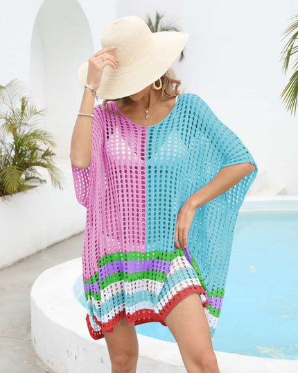 Contrast Scoop Neck Openwork Half Sleeve Cover Up - Trendsi