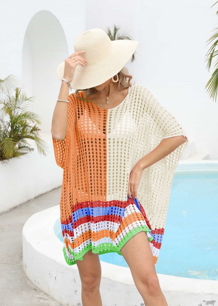 Contrast Scoop Neck Openwork Half Sleeve Cover Up - Trendsi