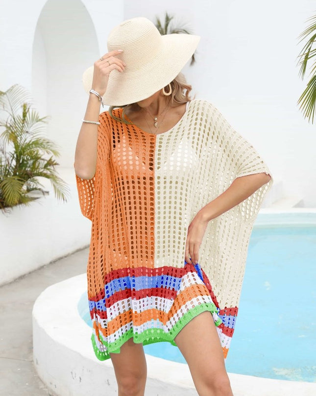 Contrast Scoop Neck Openwork Half Sleeve Cover Up - Trendsi