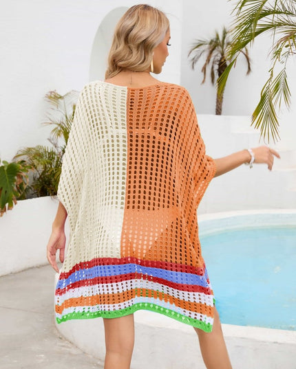 Contrast Scoop Neck Openwork Half Sleeve Cover Up - Trendsi