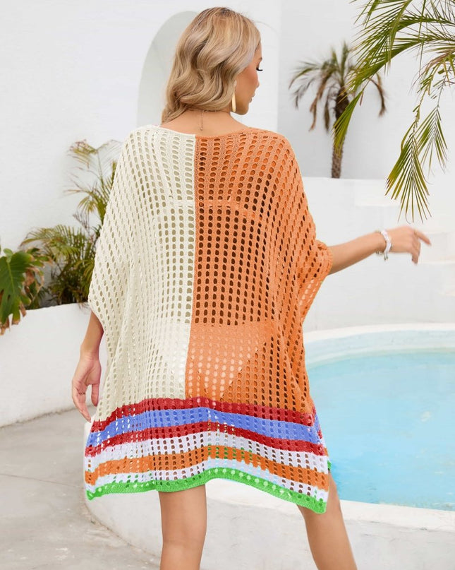 Contrast Scoop Neck Openwork Half Sleeve Cover Up - Trendsi