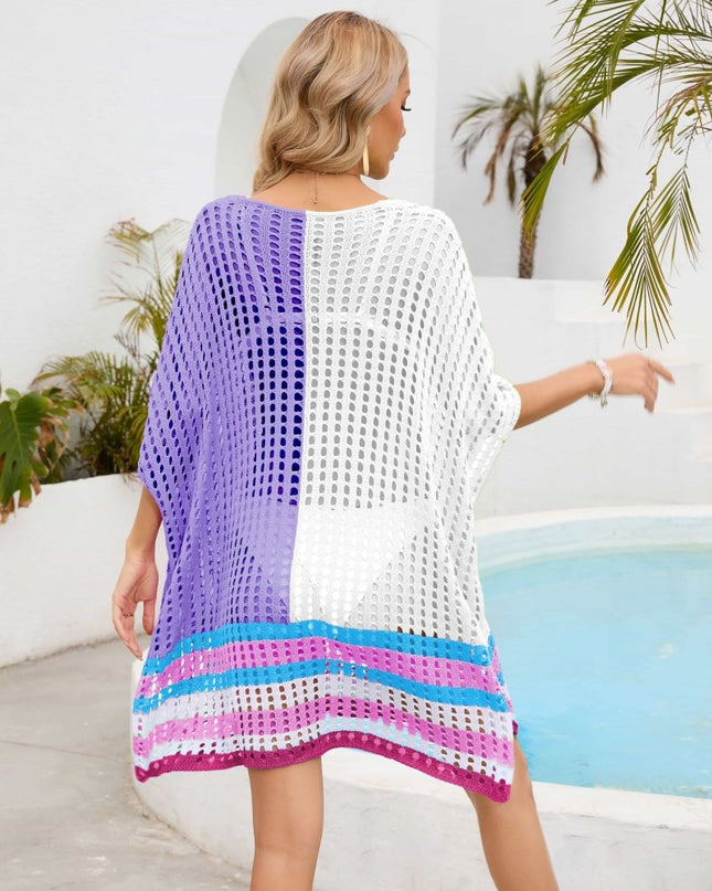 Contrast Scoop Neck Openwork Half Sleeve Cover Up - Trendsi