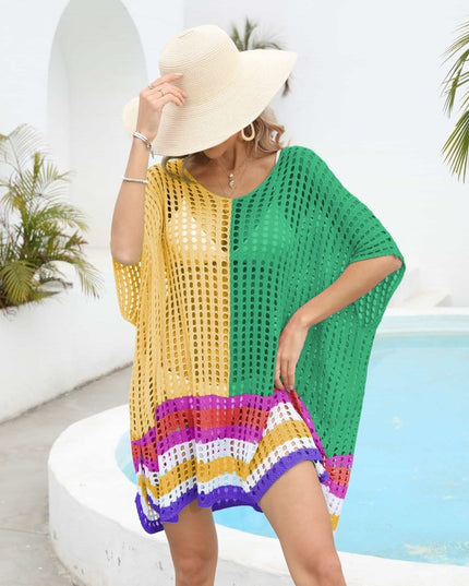 Contrast Scoop Neck Openwork Half Sleeve Cover Up - Trendsi