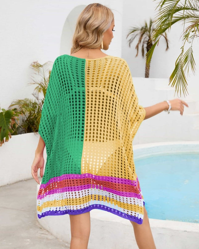 Contrast Scoop Neck Openwork Half Sleeve Cover Up - Trendsi