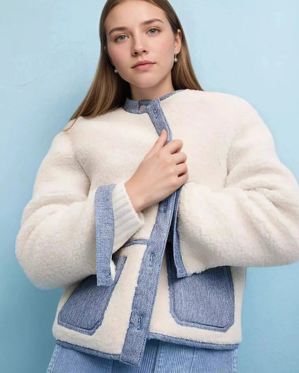 Contrast Trim Teddy Jacket - Trendsi