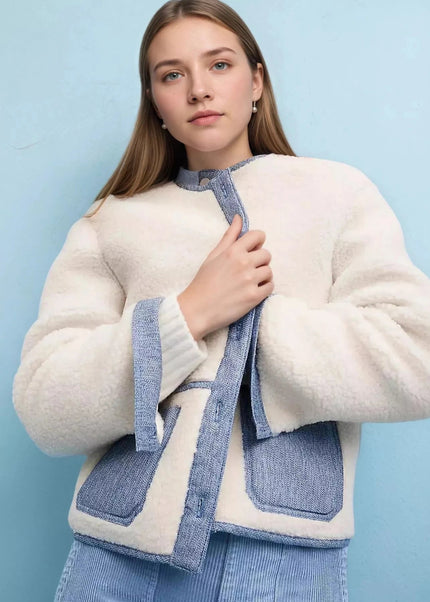 Contrast Trim Teddy Jacket - Trendsi