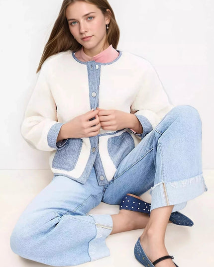 Contrast Trim Teddy Jacket - Trendsi