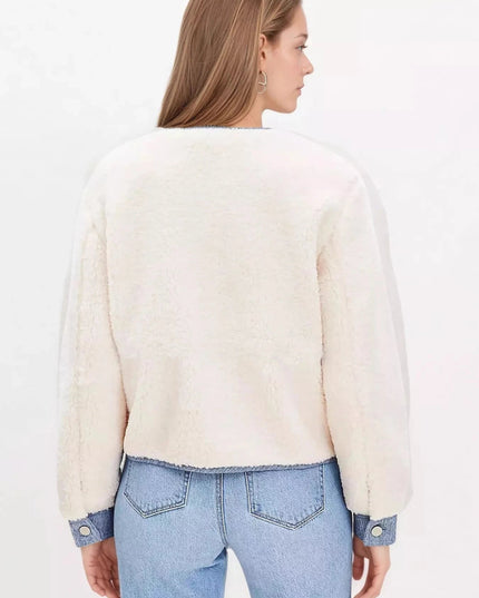 Contrast Trim Teddy Jacket - Trendsi