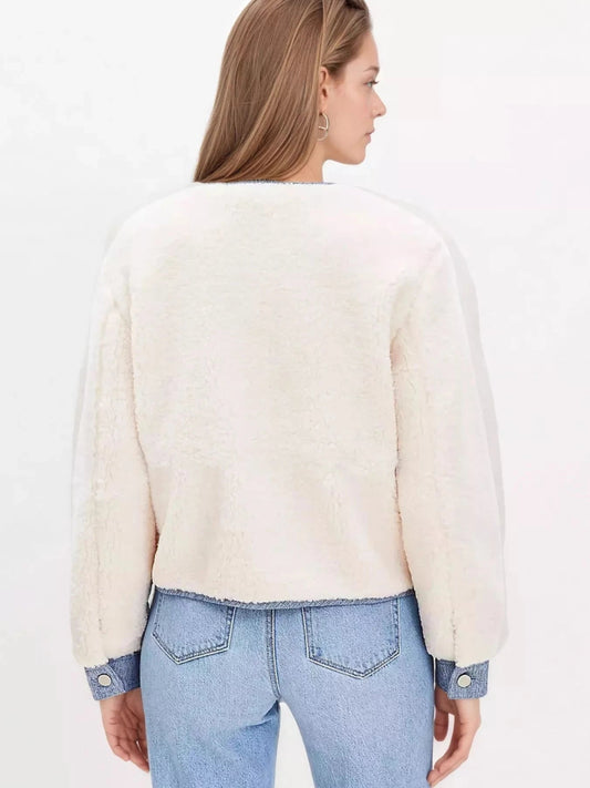 Contrast Trim Teddy Jacket - Trendsi