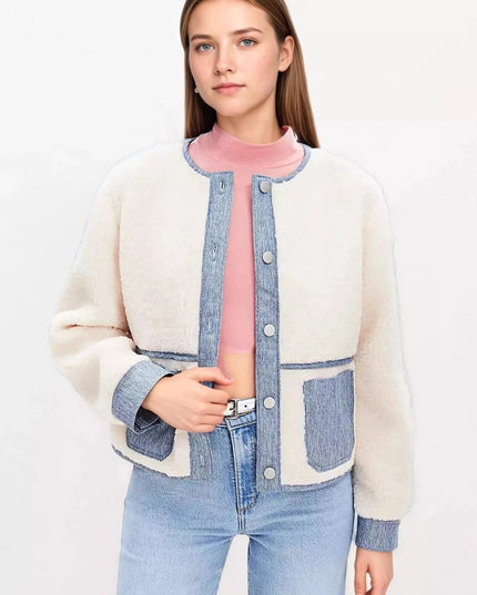 Contrast Trim Teddy Jacket - Trendsi