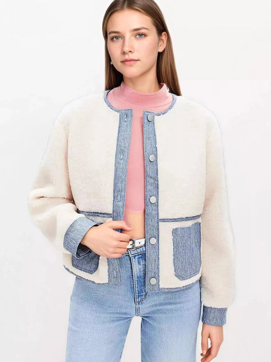 Contrast Trim Teddy Jacket - Trendsi