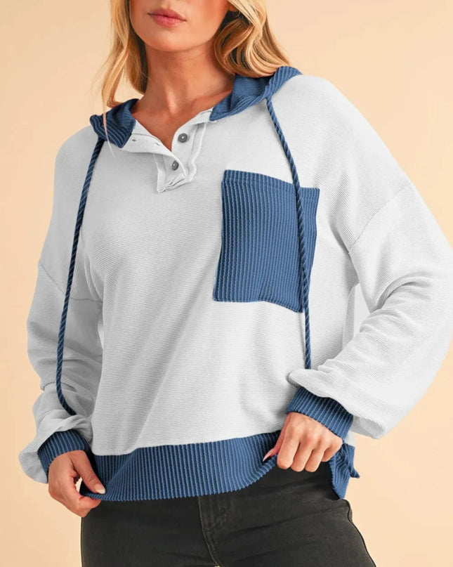 Corded Color Block Drawstring Hoodie - Trendsi
