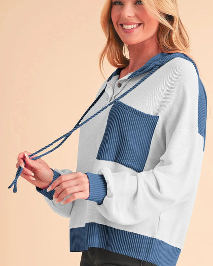 Corded Color Block Drawstring Hoodie - Trendsi