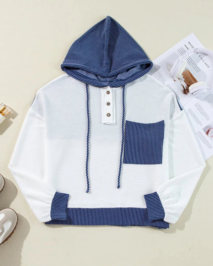 Corded Color Block Drawstring Hoodie - Trendsi
