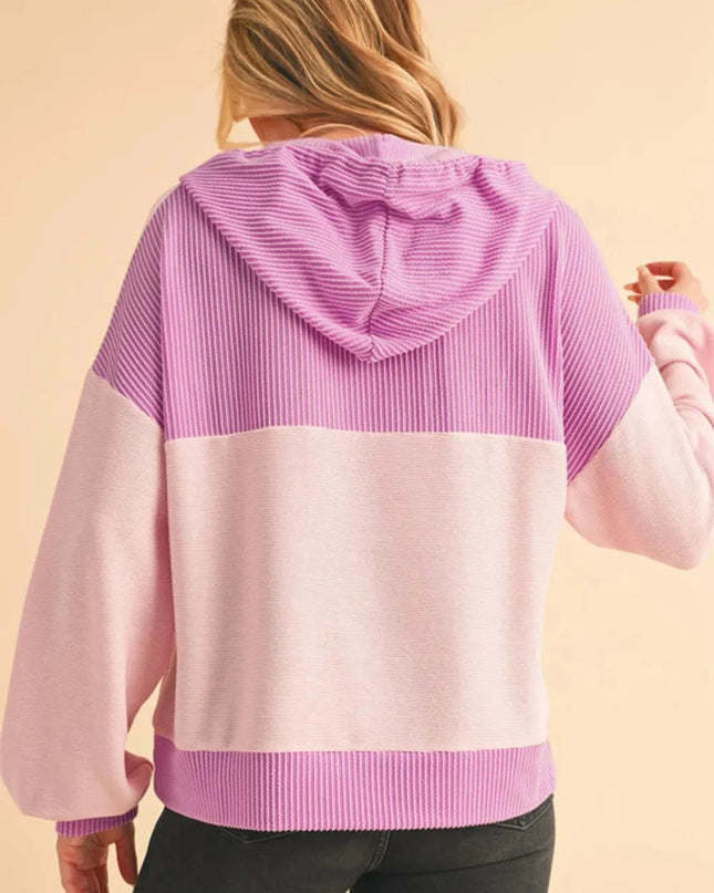 Corded Color Block Drawstring Hoodie - Trendsi