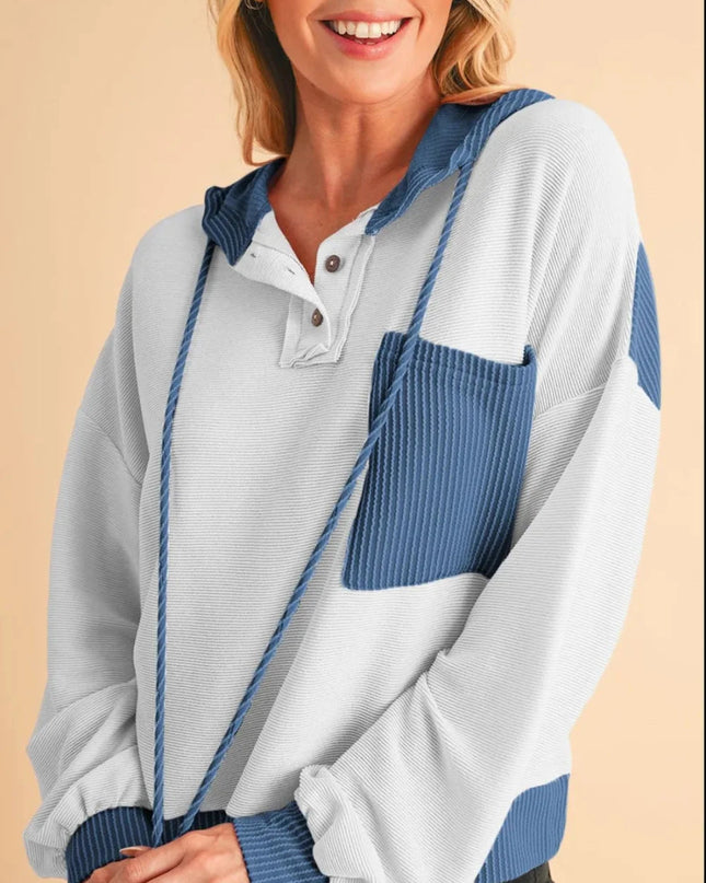 Corded Color Block Drawstring Hoodie - Trendsi
