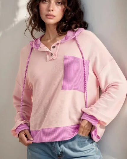 Corded Color Block Drawstring Hoodie - Trendsi