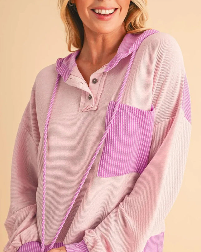 Corded Color Block Drawstring Hoodie - Trendsi