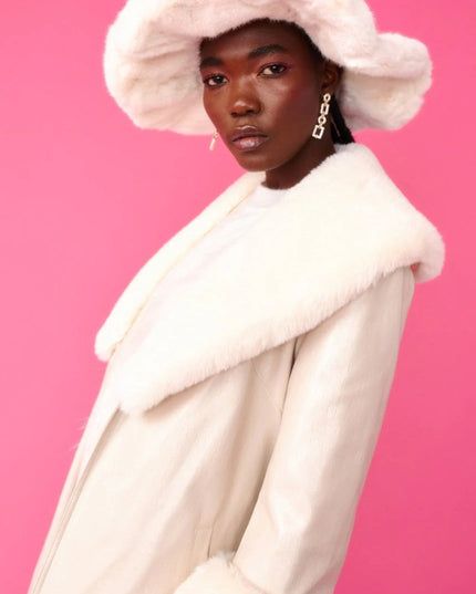 Cream Faux Leather Jacket with Detachable Faux Fur Cuffs and Collar - Faux Leather Coats - Buy Me Fur Ltd