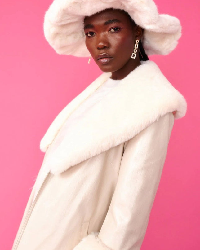Cream Faux Leather Jacket with Detachable Faux Fur Cuffs and Collar - Faux Leather Coats - Buy Me Fur Ltd