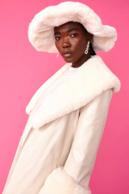 Cream Faux Leather Jacket with Detachable Faux Fur Cuffs and Collar - Faux Leather Coats - Buy Me Fur Ltd