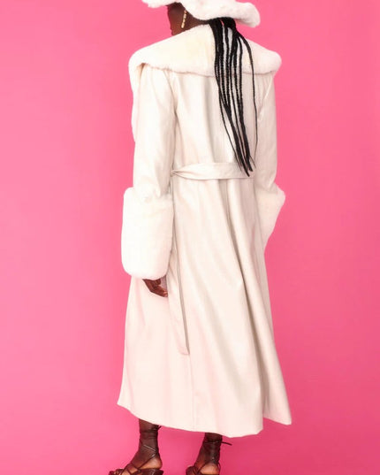 Cream Faux Leather Jacket with Detachable Faux Fur Cuffs and Collar - Faux Leather Coats - Buy Me Fur Ltd