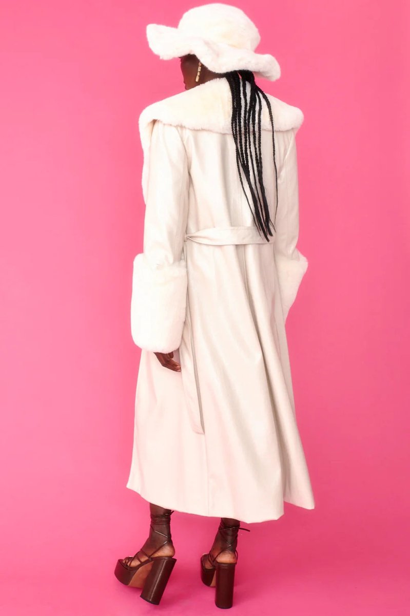 Cream Faux Leather Jacket with Detachable Faux Fur Cuffs and Collar - Faux Leather Coats - Buy Me Fur Ltd