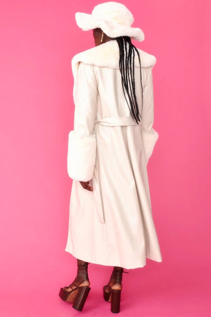 Cream Faux Leather Jacket with Detachable Faux Fur Cuffs and Collar - Faux Leather Coats - Buy Me Fur Ltd