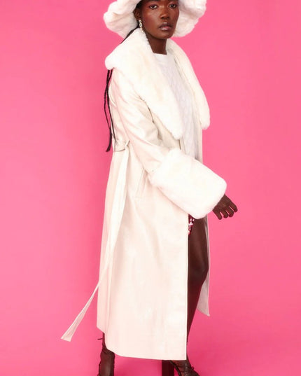 Cream Faux Leather Jacket with Detachable Faux Fur Cuffs and Collar - Faux Leather Coats - Buy Me Fur Ltd