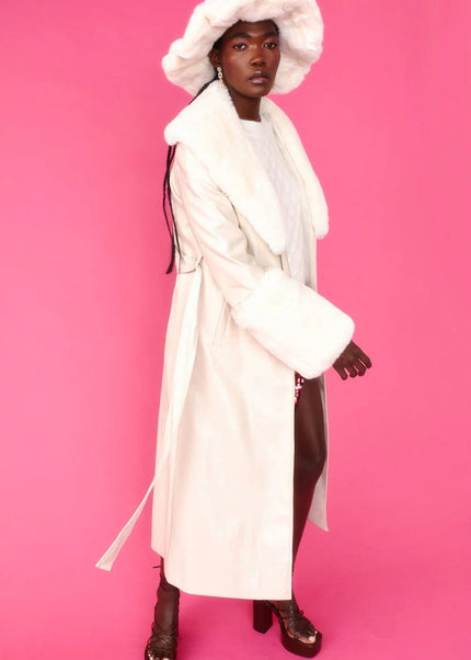 Cream Faux Leather Jacket with Detachable Faux Fur Cuffs and Collar - Faux Leather Coats - Buy Me Fur Ltd