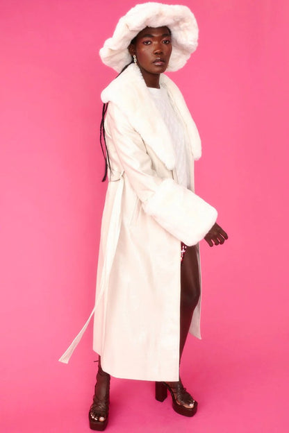 Cream Faux Leather Jacket with Detachable Faux Fur Cuffs and Collar - Faux Leather Coats - Buy Me Fur Ltd