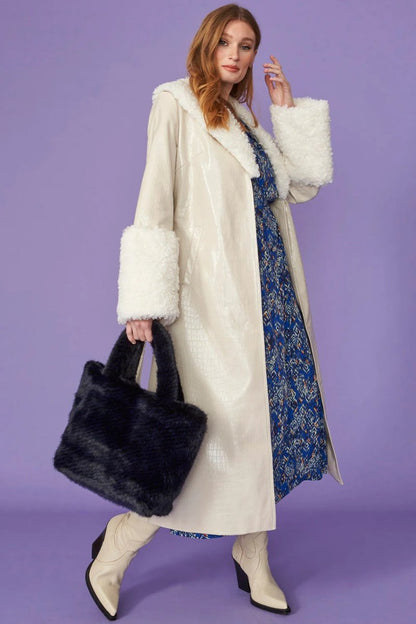 Cream Faux Leather Trench Coat with Detachable Faux Mongolian Collar and Cuffs - Faux Leather Coats - Buy Me Fur Ltd
