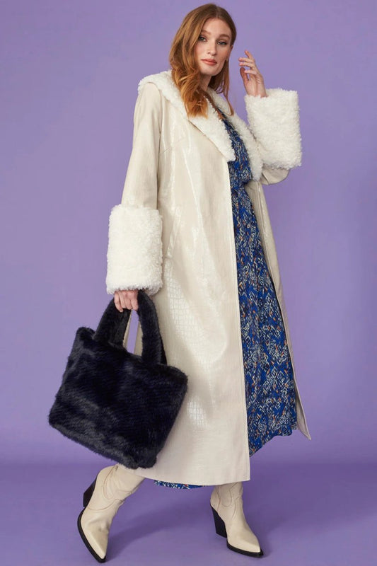 Cream Faux Leather Trench Coat with Detachable Faux Mongolian Collar and Cuffs - Faux Leather Coats - Buy Me Fur Ltd