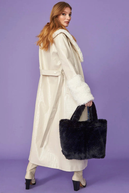 Cream Faux Leather Trench Coat with Detachable Faux Mongolian Collar and Cuffs - Faux Leather Coats - Buy Me Fur Ltd