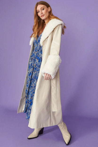 Cream Faux Leather Trench Coat with Detachable Faux Mongolian Collar and Cuffs - Faux Leather Coats - Buy Me Fur Ltd
