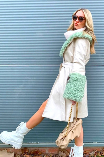 Cream Faux Leather Trench Coat with Faux Shearling Collar and Cuffs - Faux Leather Coats - Buy Me Fur Ltd