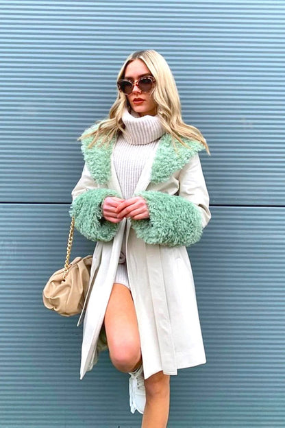 Cream Faux Leather Trench Coat with Faux Shearling Collar and Cuffs - Faux Leather Coats - Buy Me Fur Ltd